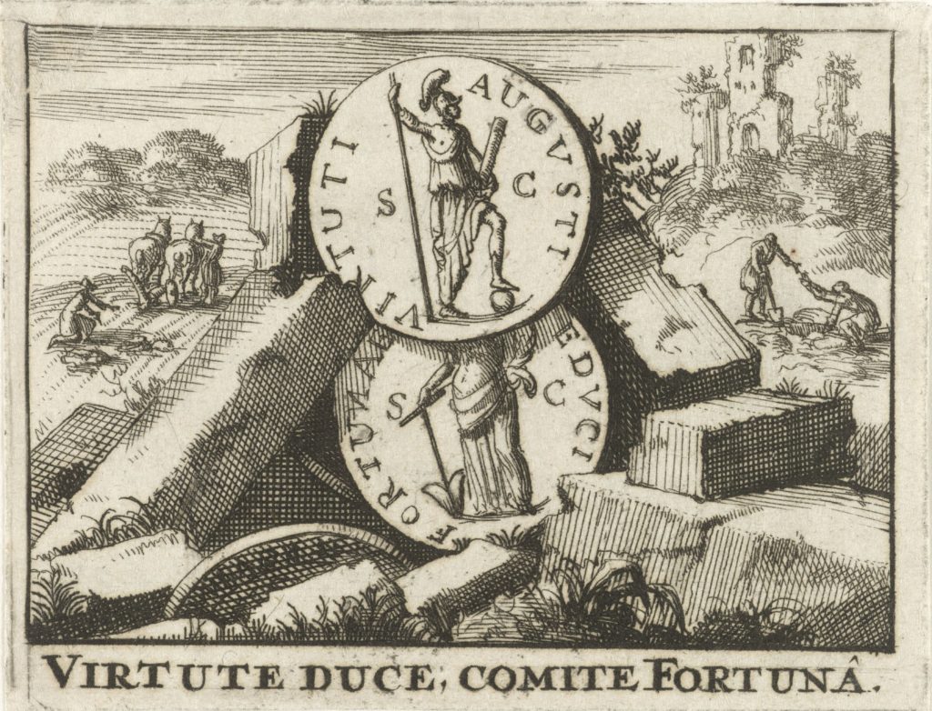 Print de 1688 issu des collections du Rijksmuseum : omeinse munten steunend op een hoop stenen, Jan Claesz ten Hoorn