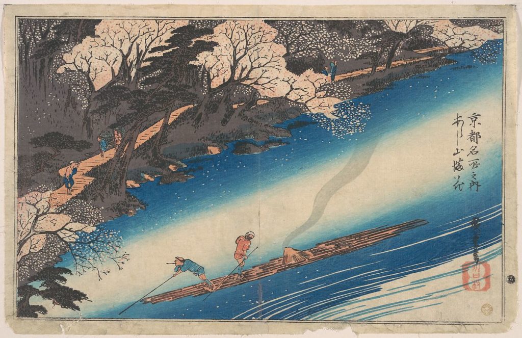 Cherry Blossoms at Arashiyama, issu de la série "Famous Places of Kyōto" ca. 1834, par Utagawa Hiroshige au Met Museum

le flux de la rivière est beau à regarder, on dirait la voie lactée